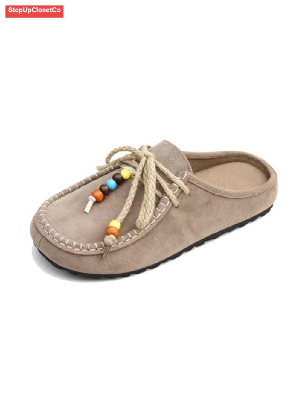 Suede Flat Mule Slippers Women's Bohemian Beaded Casual Slip On Comfortable